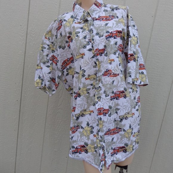 Vintage Hawaiian Button Front Cotton Shirt 3xl Woodies Antique Cars White - Picture 4 of 10